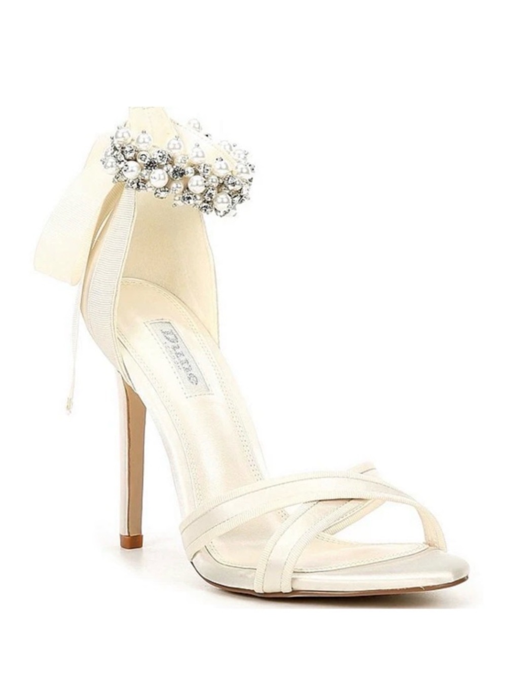 Dune London Ivory Pearl & Crystal Ankle-Tie Stiletto Sandal